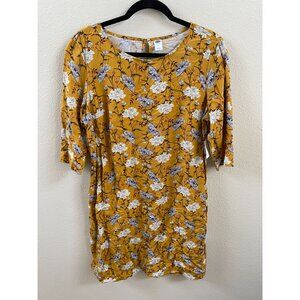 Old Navy Womens Floral Print Mustard Yellow Dress M Rayon 3/4 Sleeves NEW